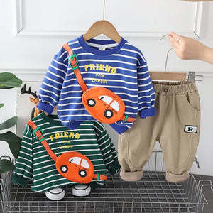 Kid's Boy Cotton O-Neck Full Sleeves Pullover Striped Trendy Suit