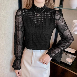 Women's High-Neck Polyester Long Sleeves Slim Fit Casual Blouses