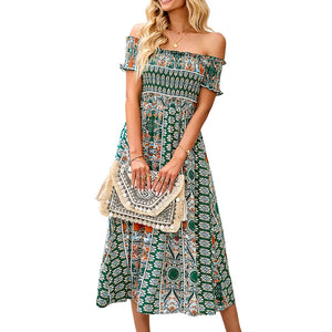 Women's Polyester Square-Neck Short Sleeves Printed Pattern Dress