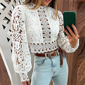 Women's O-Neck Polyester Long Sleeves Hollow Out Casual Blouses