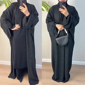 Women's Arabian V-Neck Polyester Full Sleeve Sequined Open Abaya