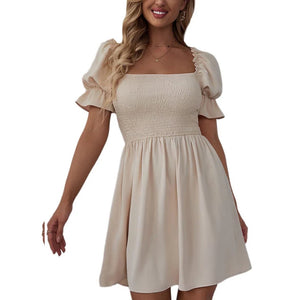Women's Polyester Square-Neck Short Sleeves Solid Pattern Dress