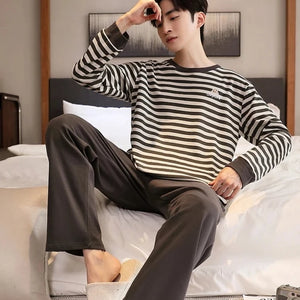 Men's Cotton Full Sleeve O-Neck Striped Pattern Pullover Sleepwear