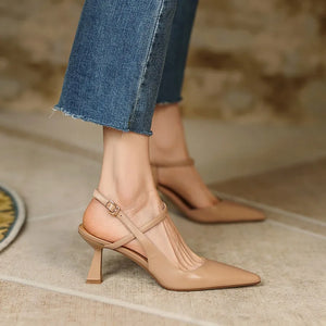 Women's Genuine Leather Pointed Toe Buckle Strap Closure Shoes