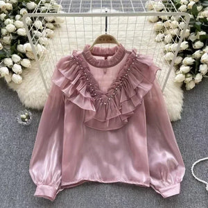Women's O-Neck Polyester Long Sleeves Ruffles Casual Blouses