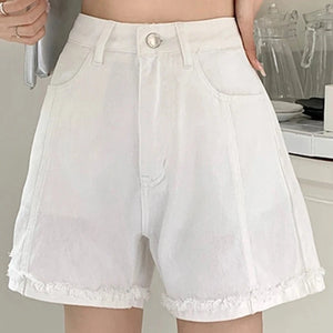Women's Polyester High Waist Zipper Fly Casual Solid Denim Shorts