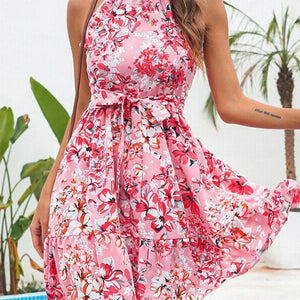 Women's Polyester High-Neck Sleeveless Floral Pattern Mini Dress