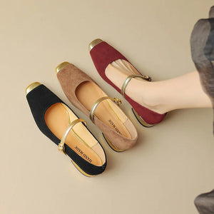 Women's Suede Square Toe Buckle Strap Closure Flat Party Shoes