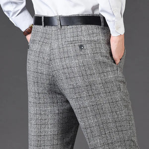 Men's Rayon High Waist Zipper Fly Closure Plaid Formal Pants