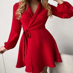 Women's Polyester V-Neck Full Sleeves Solid Pattern Pullover Dress