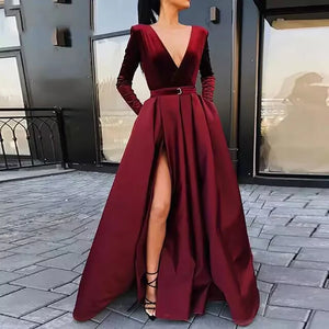 Women's Satin V-Neck Long Sleeves Solid Pattern Prom Maxi Dress