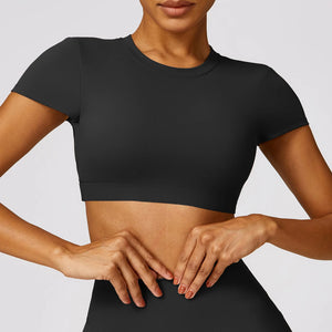 Women's Nylon O-Neck Short Sleeves Fitness Workout Crop Tops