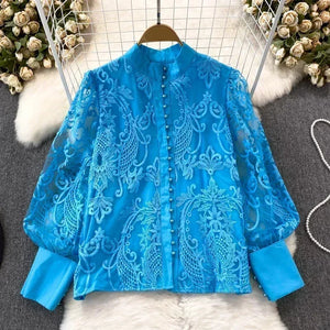 Women's Polyester O-Neck Long Sleeve Single Breasted Floral Blouses