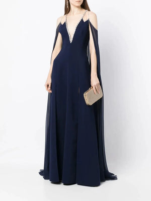 Women's Polyester V-Neck Long Sleeves Solid Evening Maxi Dress