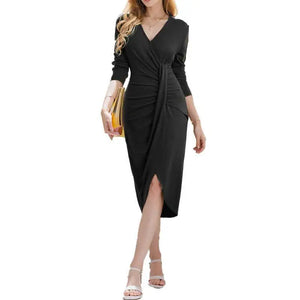 Women's Polyester V-Neck Long Sleeves Solid Pattern Slim Dress