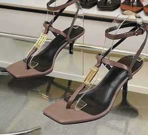 Women's Genuine Leather Square Toe Buckle Strap Closure Sandals