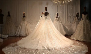 Women's High Neck Long Sleeves Sweep Train Bridal Wedding Dress