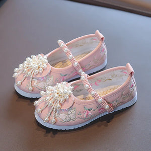 Kid's Cotton Fabric Round Toe Embroidery Anti-Slippery Shoes