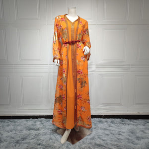 Women's Arabian V-Neck Polyester Full Sleeve Floral Casual Dress