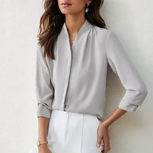 Women's Polyester V-Neck Long Sleeve Plain Pattern Casual Blouses