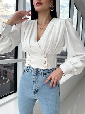 Women's V-Neck Polyester Long Sleeves Pleated Casual Blouses