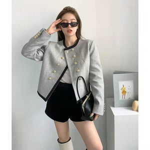 Women's Notched Collar Full Sleeves Double Breasted Solid Blazers