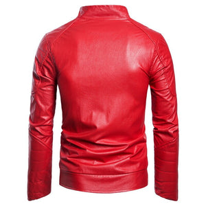 Men's Stand Neck PU Leather Long Sleeve Zipper Slit Pocket Jacket