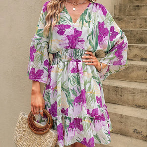 Women's Polyester V-Neck Long Sleeves Floral Pattern Mini Dress