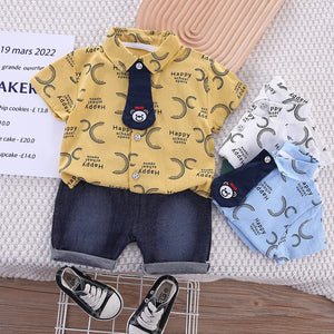 Kid's Boy Cotton Turn-Down Collar Short Sleeves Printed Clothes
