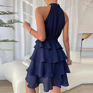 Women's Polyester Halter-Neck Sleeveless Ruffle Pattern Dress