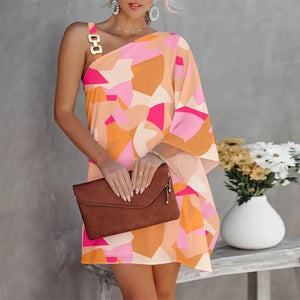 Women's Polyester Pullover One-Shoulder Printed Party Dress