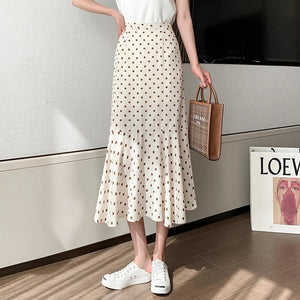 Women's Polyester Elastic Waist Dotted Pattern Casual Slim Skirts