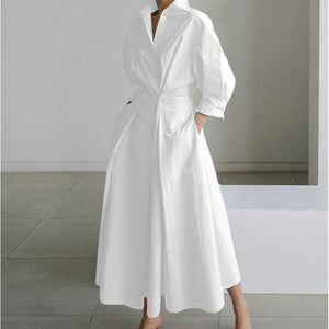 Women's Polyester V-Neck Single Breasted Plain Pattern Dress