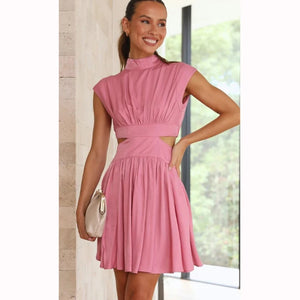 Women's Polyester High-Neck Sleeveless Solid Pattern Party Dress