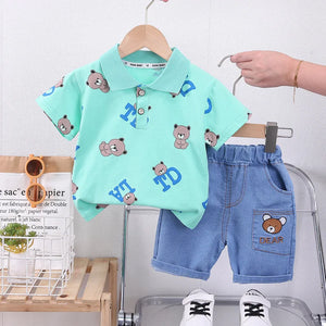 Kid's Boy Cotton Short Sleeves Printed Pattern Two-Piece Suit