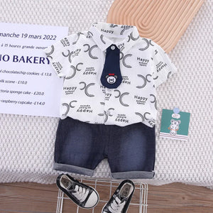 Kid's Boy Cotton Turn-Down Collar Short Sleeves Printed Clothes