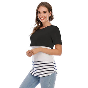Women's Polyester Short Sleeve Striped Breastfeeding Maternity Top