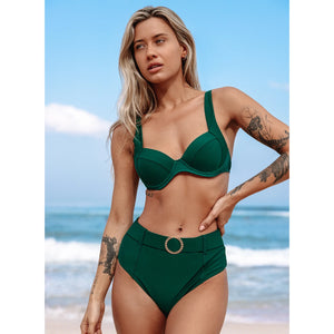 Women's Polyester Mid Waist Solid Pattern Swimwear Bikini Set