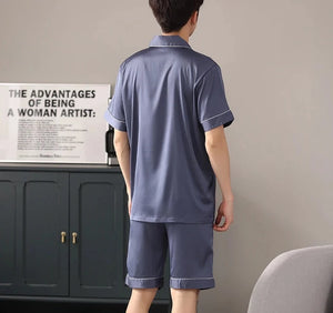 Men's Spandex Turn-Down Collar Short Sleeves Luxury Sleepwear Set
