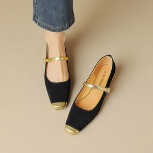Women's Suede Square Toe Buckle Strap Closure Flat Party Shoes