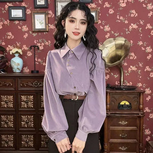 Women's Polyester Turn-Down Collar Long Sleeve Plain Casual Blouses