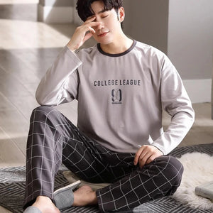 Men's Cotton Full Sleeve O-Neck Plaid Pattern Pullover Sleepwear