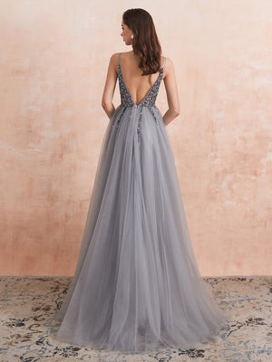 Women's V-Neck Sleeveless Crystal Beading Sequin Evening Dresses