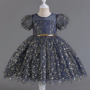 Kid's Cotton Short Sleeve Knee-Length Sequined Pattern Dress