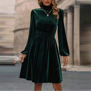 Women's Polyester High-Neck Long Sleeves Solid Pattern Mini Dress