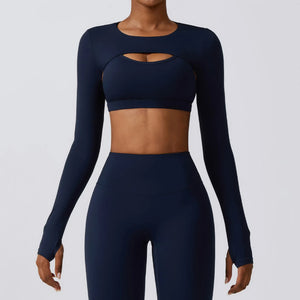 Women's Nylon O-Neck Long Sleeves Fitness Workout Crop Tops