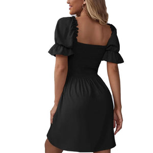 Women's Polyester Square-Neck Short Sleeve Solid Party Dress