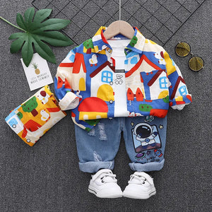 Baby's Boy Cotton Full Sleeves Printed Pattern Three-Piece Suit