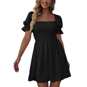 Women's Polyester Square-Neck Short Sleeves Solid Pattern Dress