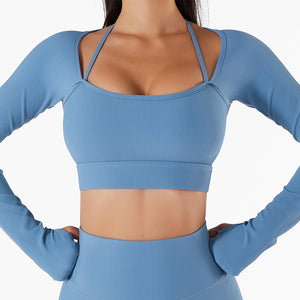 Women's Nylon Square-Neck Long Sleeves Fitness Workout Crop Top